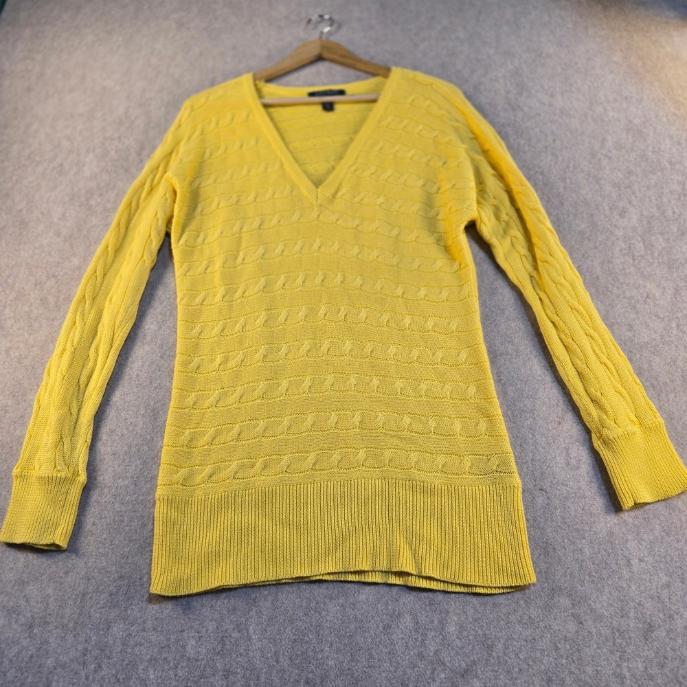 Lauren Ralph Lauren Yellow‎ Cable Knit V-Neck Sweater Womens Large Cotton Blend